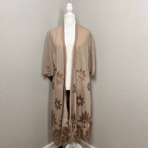 Anis A Womens Size Small Beige Boho Fairy Embroidered Longline Duster Pockets - Picture 1 of 10